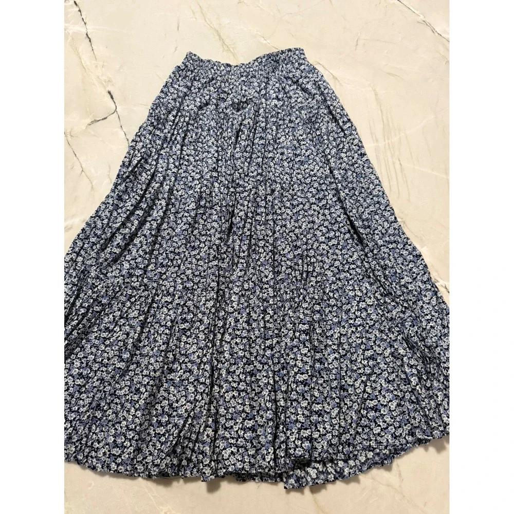 Vintage Shelbi Ranch Blue Floral Tiered Boho Broomstick Maxi Skirt Large O/S